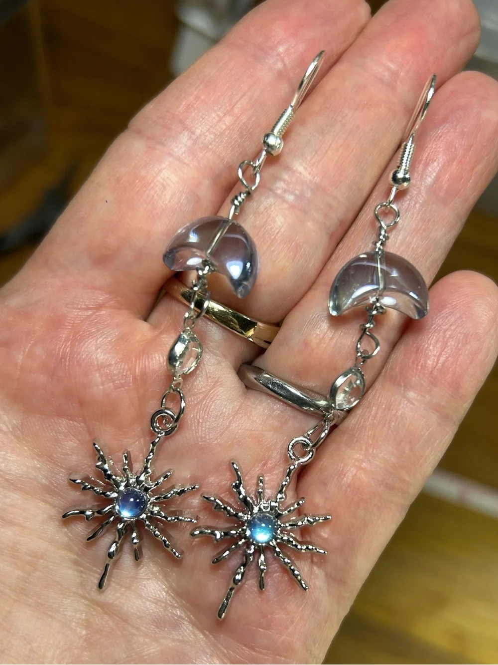 3/$25 Silver Moon & Starburst Dangle Earrings with Blue Accent